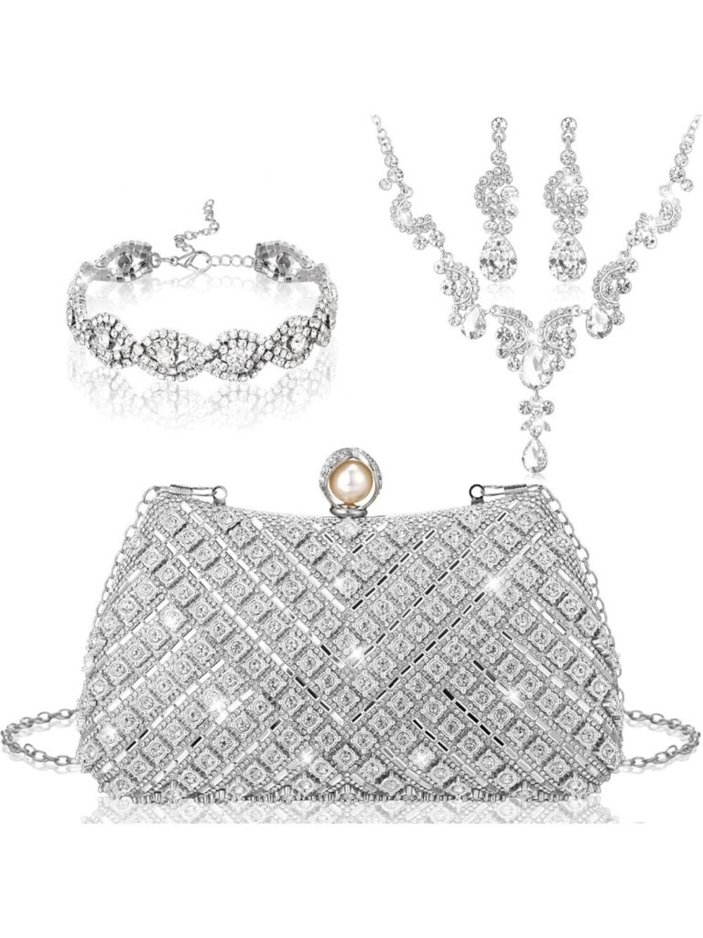 Glamorous 4-Piece Rhinestone Purse & Jewelry Set for Women - Perfect for